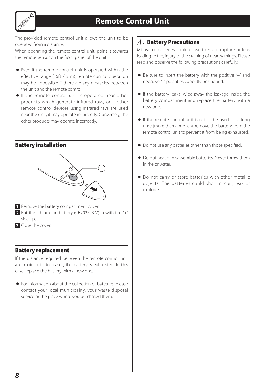 Remote control unit, Battery installation, Battery replacement | Battery precautions | Teac STEREO COMPACT SR-80I User Manual | Page 8 / 84