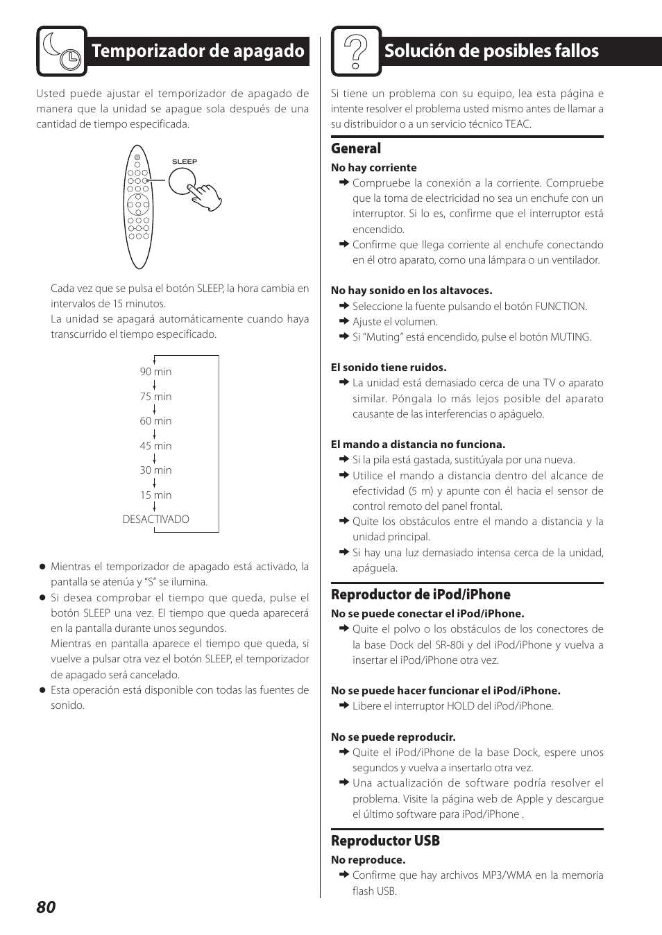 Temporizador de apagado, Solución de posibles fallos, General | Reproductor de ipod/iphone, Reproductor usb | Teac STEREO COMPACT SR-80I User Manual | Page 80 / 84