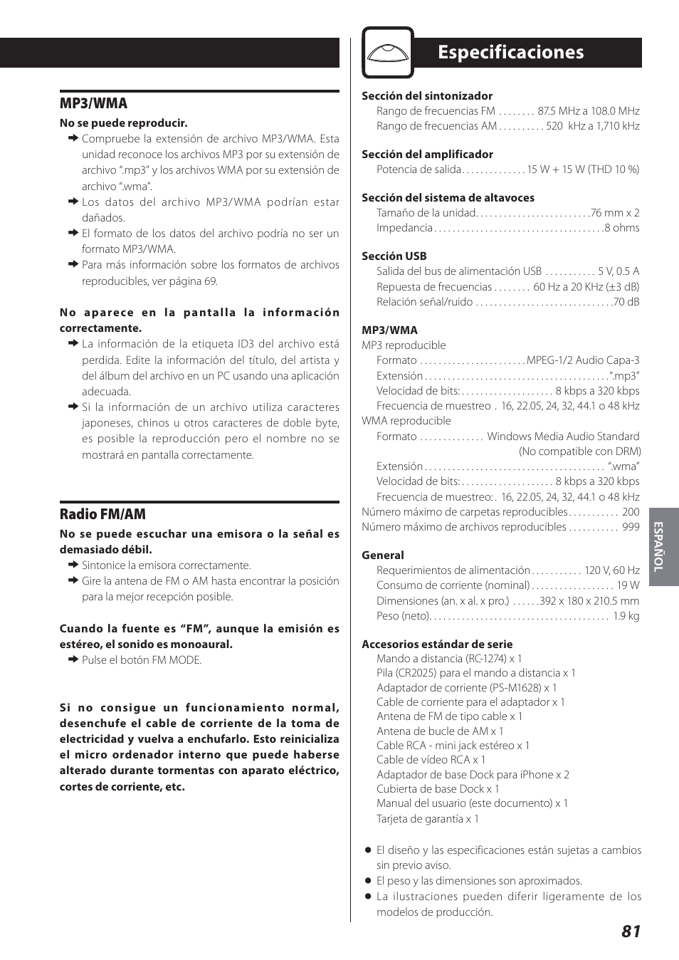 Especificaciones, Mp3/wma, Radio fm/am | Teac STEREO COMPACT SR-80I User Manual | Page 81 / 84