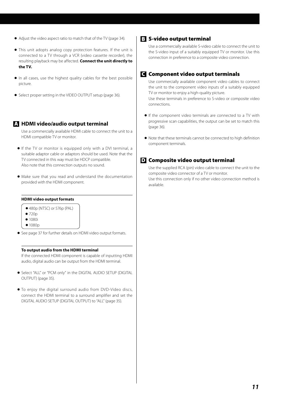 Bs-video output terminal, Ccomponent video output terminals, Dcomposite video output terminal | Ahdmi video/audio output terminal | Teac MCDV600 User Manual | Page 11 / 48