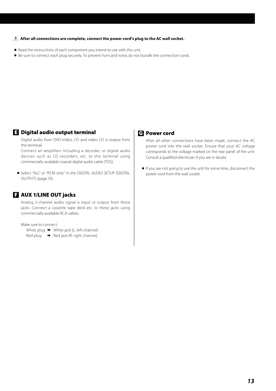Edigital audio output terminal, Faux 1/line out jacks, Gpower cord | Teac MCDV600 User Manual | Page 13 / 48