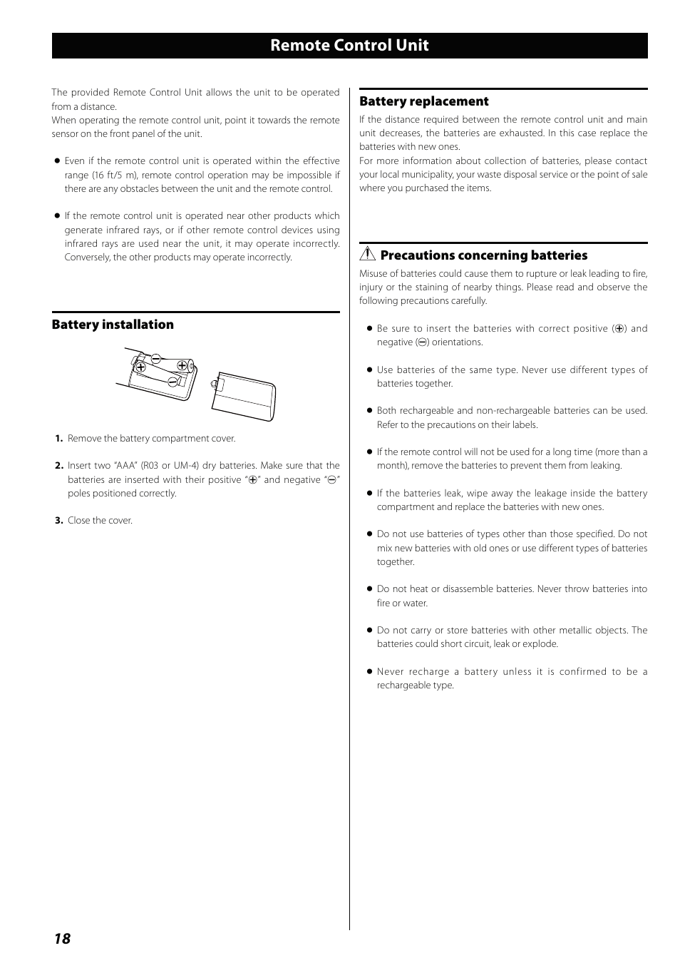 Remote control unit, Battery installation, Battery replacement | Precautions concerning batteries | Teac MCDV600 User Manual | Page 18 / 48