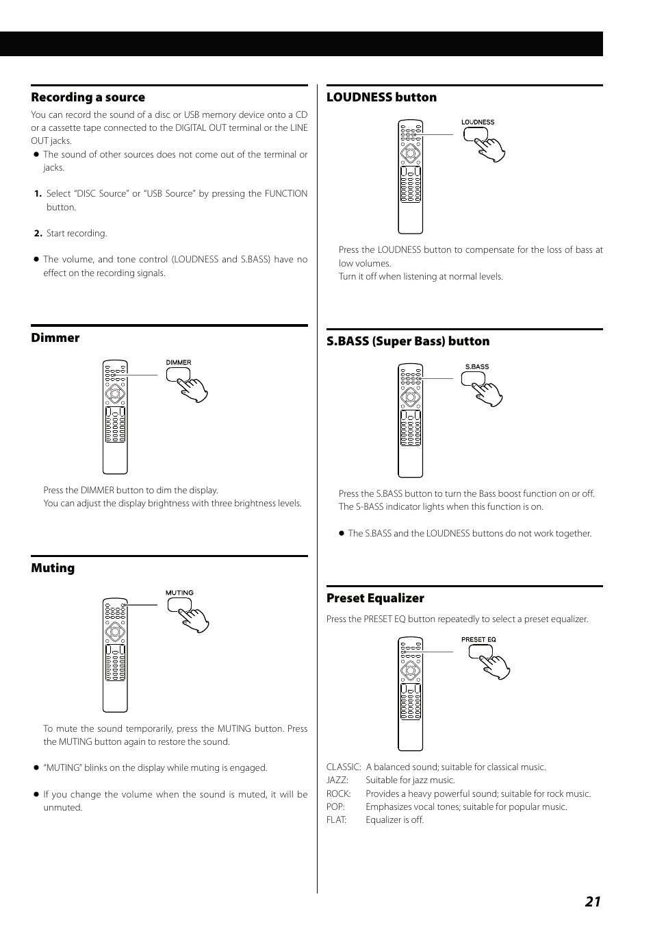 Recording a source, Dimmer, Muting | Loudness button, S.bass (super bass) button, Preset equalizer | Teac MCDV600 User Manual | Page 21 / 48