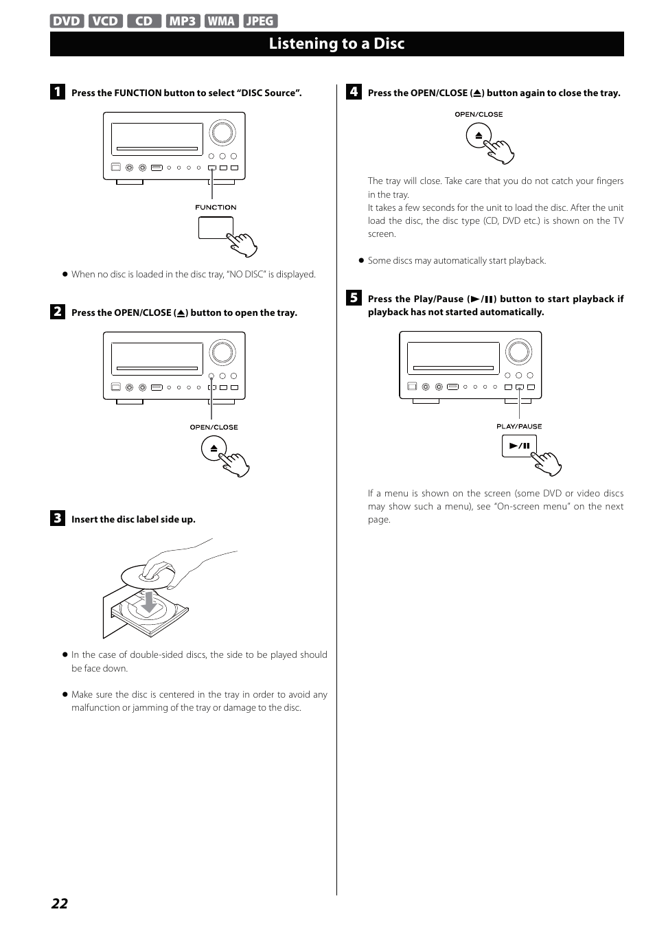 Listening to a disc | Teac MCDV600 User Manual | Page 22 / 48