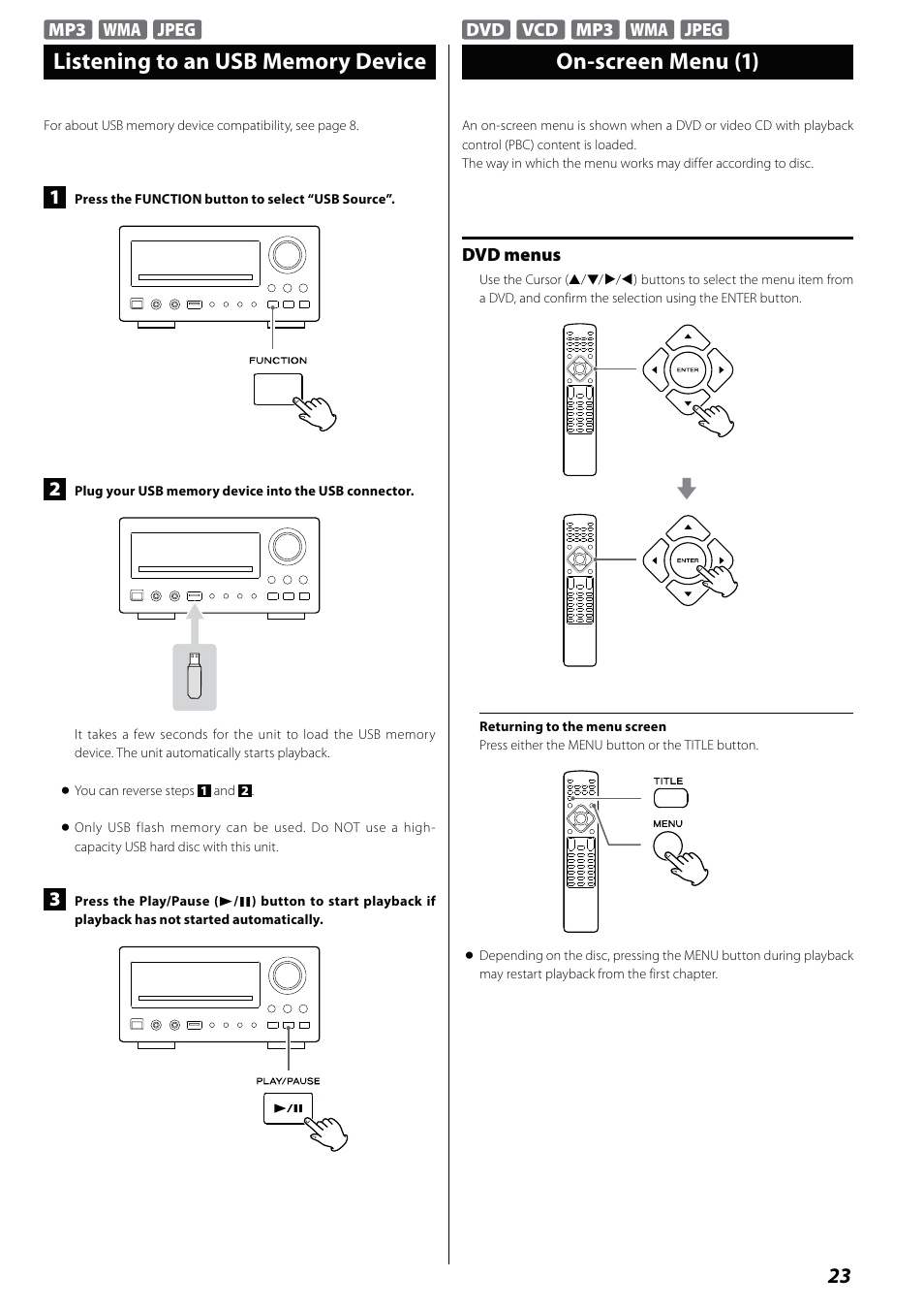 Listening to an usb memory device, On-screen menu, On-screen menu (1) | Teac MCDV600 User Manual | Page 23 / 48