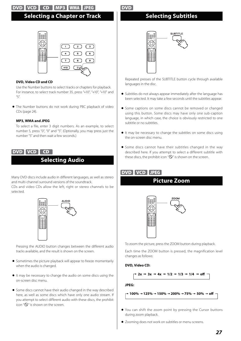 Selecting a chapter or track, Selecting audio, Selecting subtitles | Picture zoom | Teac MCDV600 User Manual | Page 27 / 48