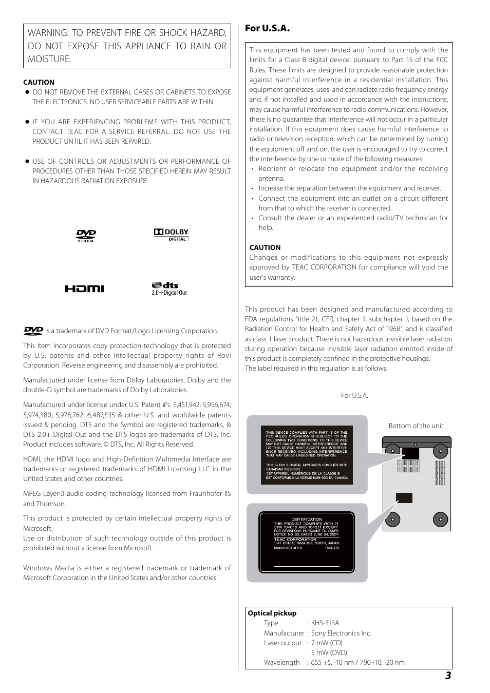 For u.s.a | Teac MCDV600 User Manual | Page 3 / 48