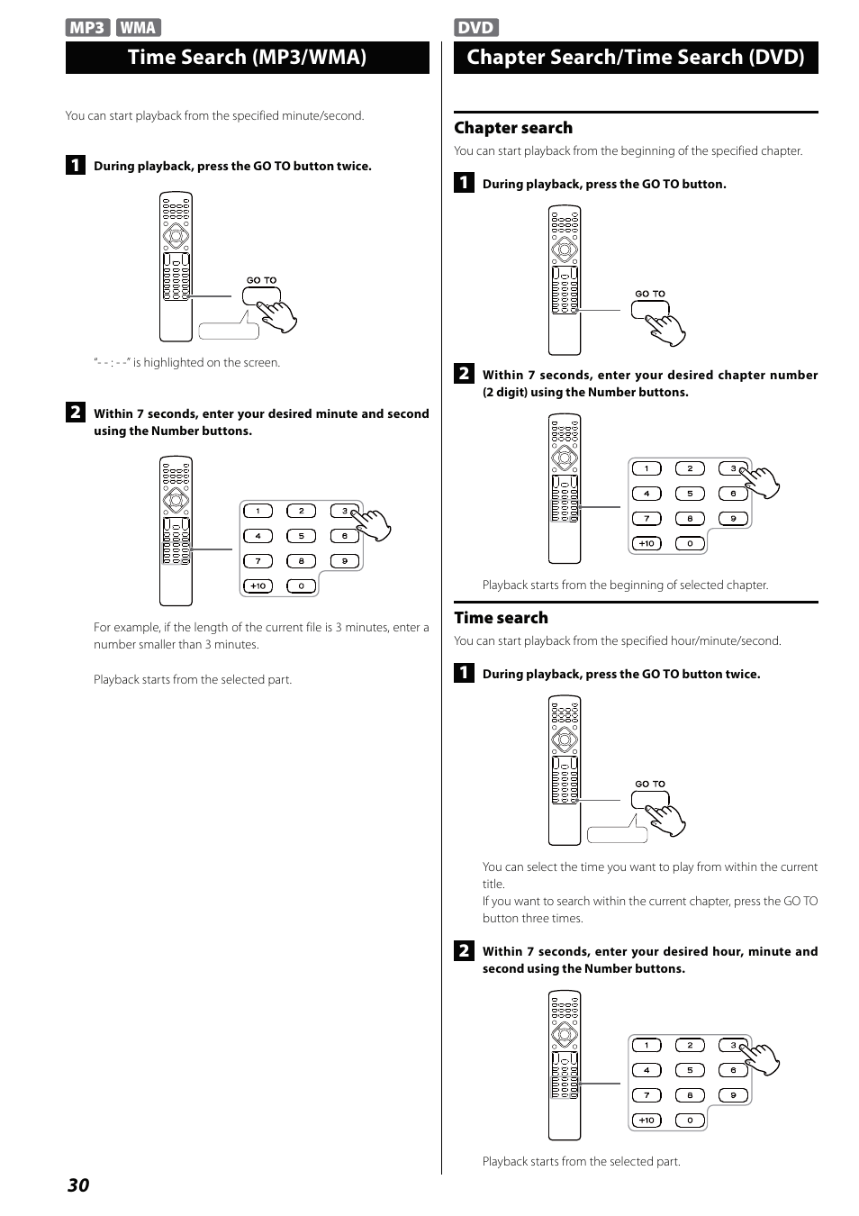 Time search (mp3/wma), Chapter search/time search (dvd) | Teac MCDV600 User Manual | Page 30 / 48