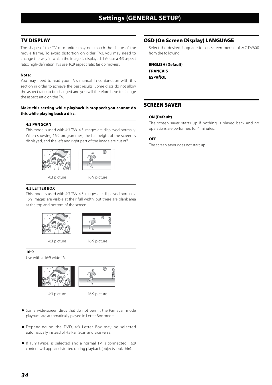 Settings (general setup), Tv display, Osd (on screen display) language | Screen saver | Teac MCDV600 User Manual | Page 34 / 48