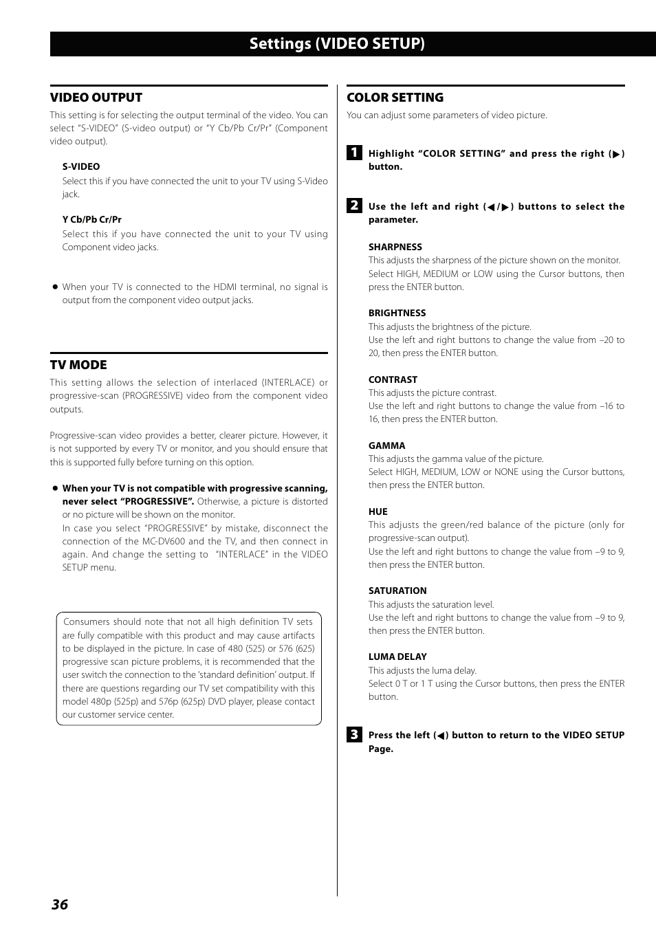 Settings (video setup), Video output, Tv mode | Color setting | Teac MCDV600 User Manual | Page 36 / 48