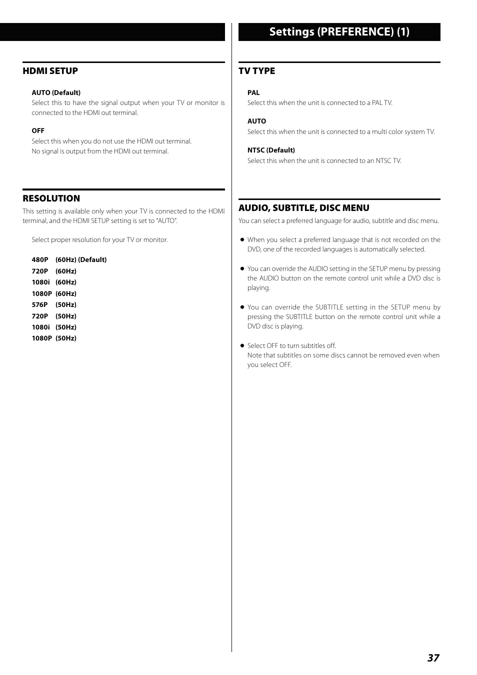 Settings (preference), Settings (preference) (1), Hdmi setup | Resolution, Tv type, Audio, subtitle, disc menu | Teac MCDV600 User Manual | Page 37 / 48