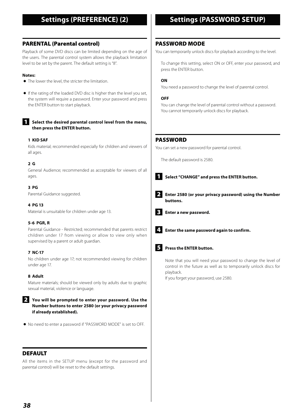 Settings (password setup), Settings (preference) (2) | Teac MCDV600 User Manual | Page 38 / 48