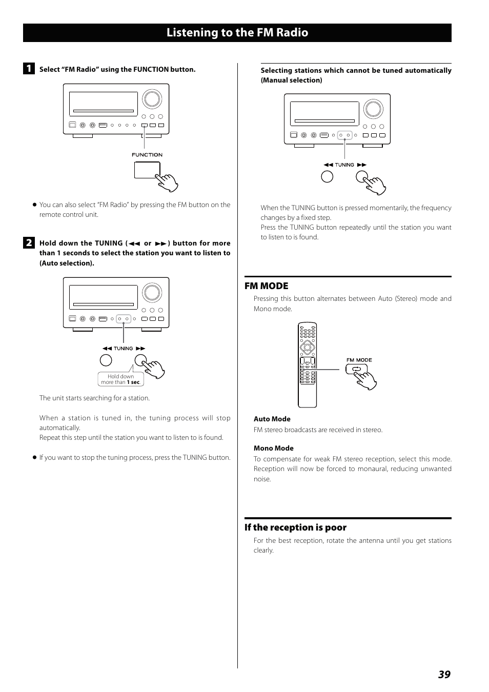 Listening to the fm radio, Fm mode, If the reception is poor | Teac MCDV600 User Manual | Page 39 / 48