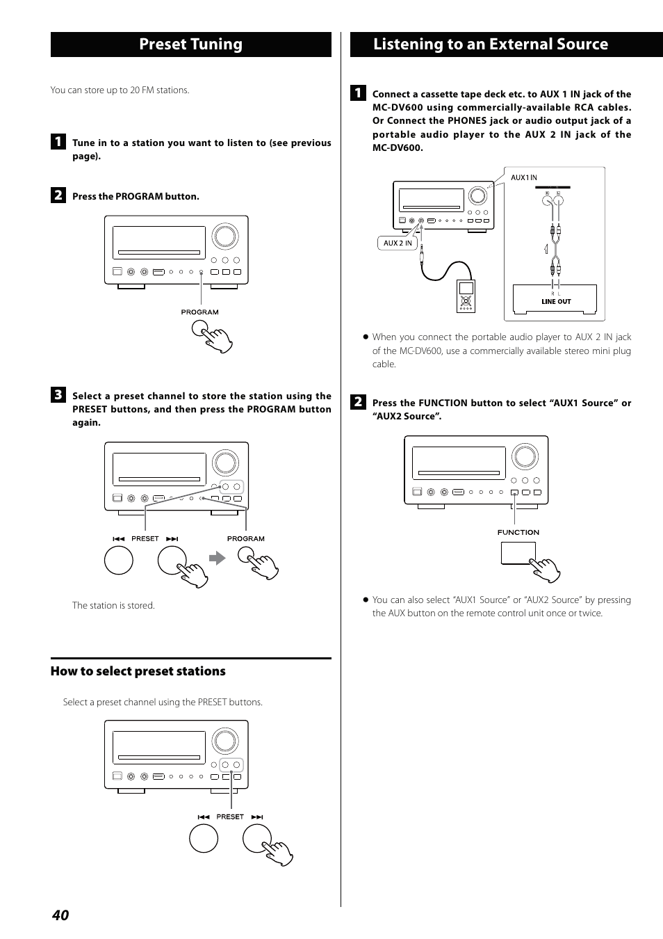 Preset tuning, Listening to an external source | Teac MCDV600 User Manual | Page 40 / 48