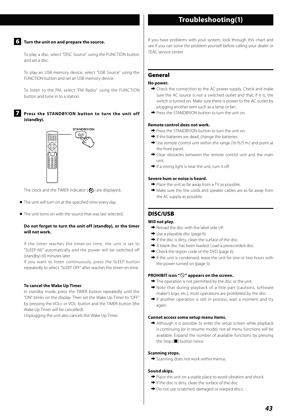 Troubleshooting, Troubleshooting(1), General | Disc/usb | Teac MCDV600 User Manual | Page 43 / 48