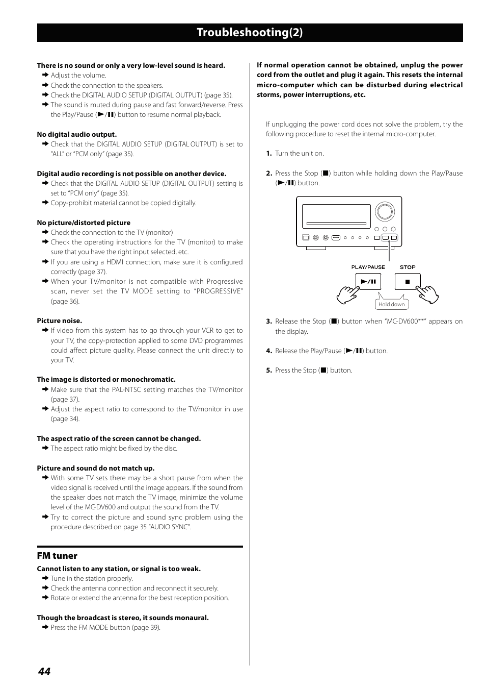 Troubleshooting(2), Fm tuner | Teac MCDV600 User Manual | Page 44 / 48