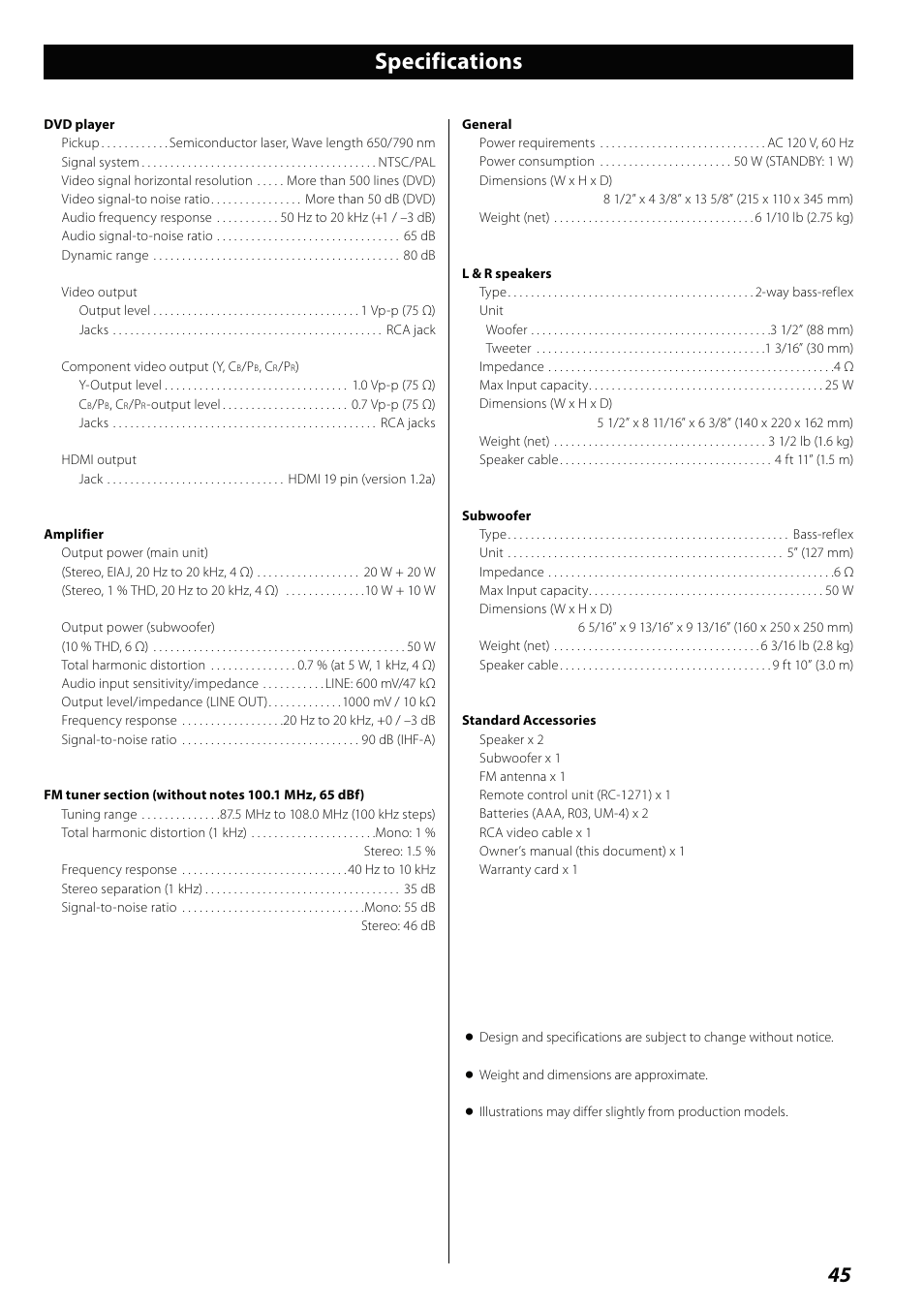 Specifications | Teac MCDV600 User Manual | Page 45 / 48