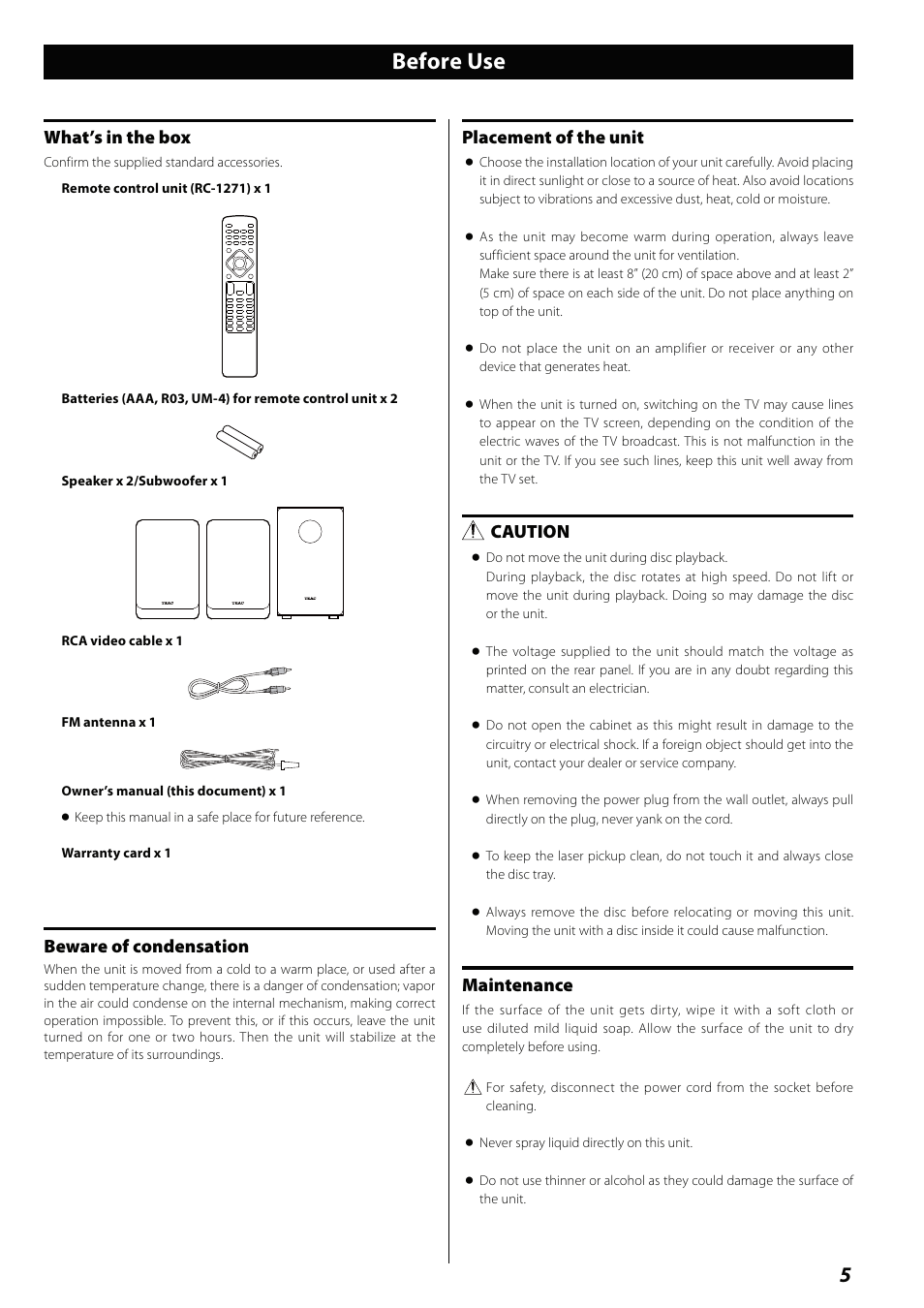Before use, What’s in the box, Beware of condensation | Placement of the unit, Caution, Maintenance | Teac MCDV600 User Manual | Page 5 / 48