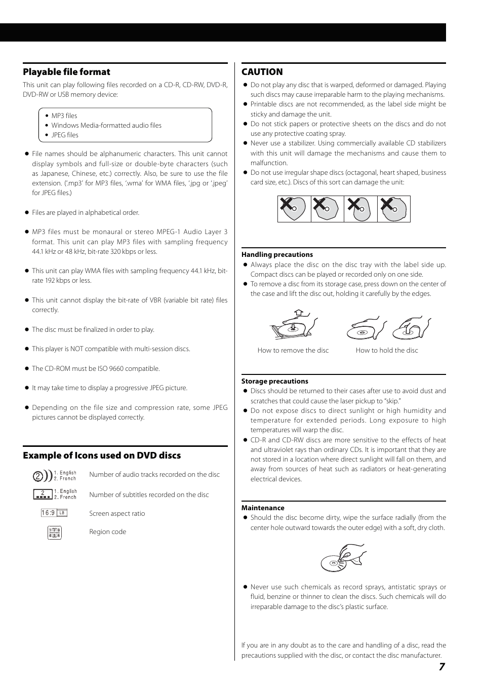 Playable file format, Example of icons used on dvd discs, Caution | Teac MCDV600 User Manual | Page 7 / 48