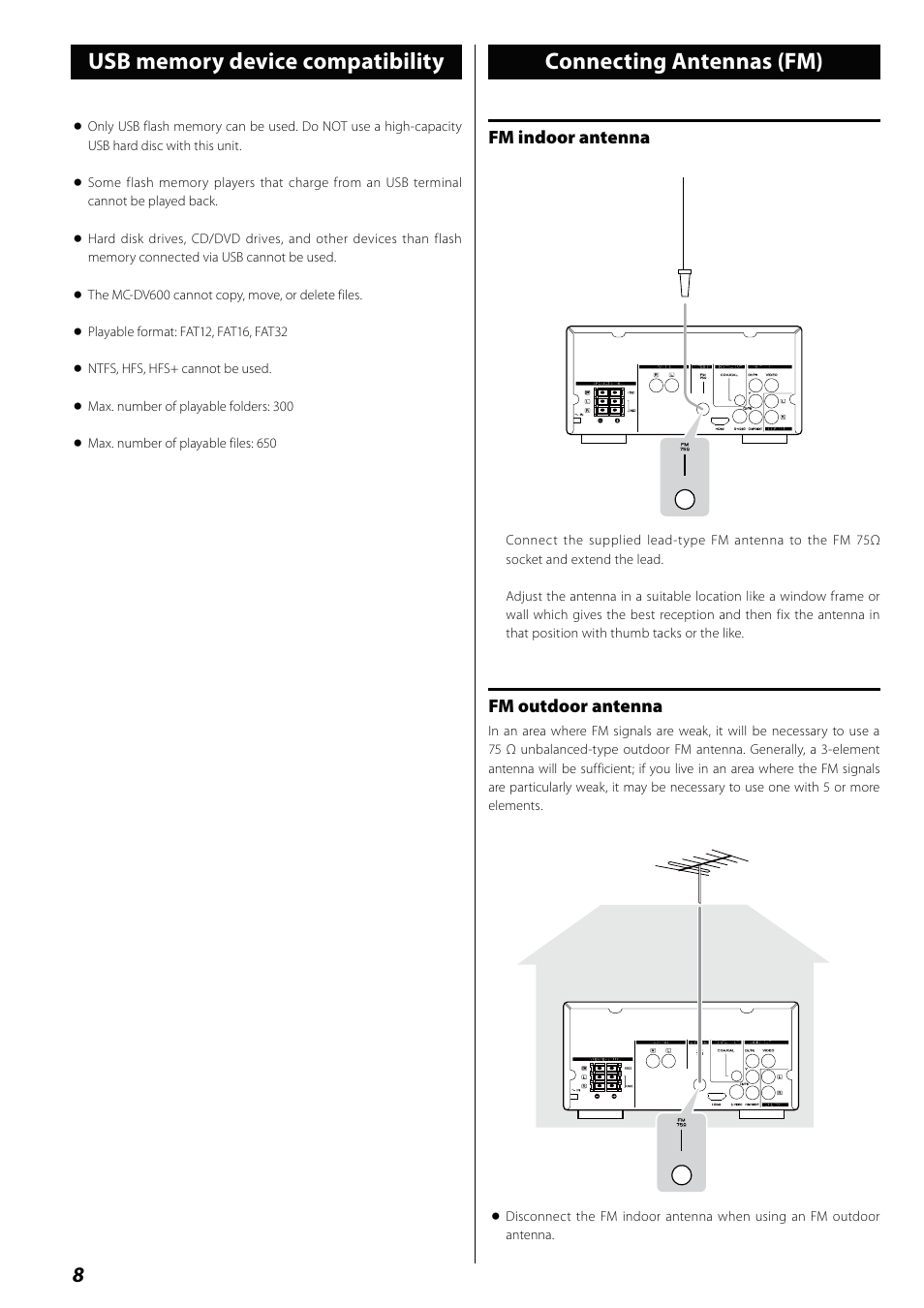 Usb memory device compatibility, Connecting antennas (fm) | Teac MCDV600 User Manual | Page 8 / 48