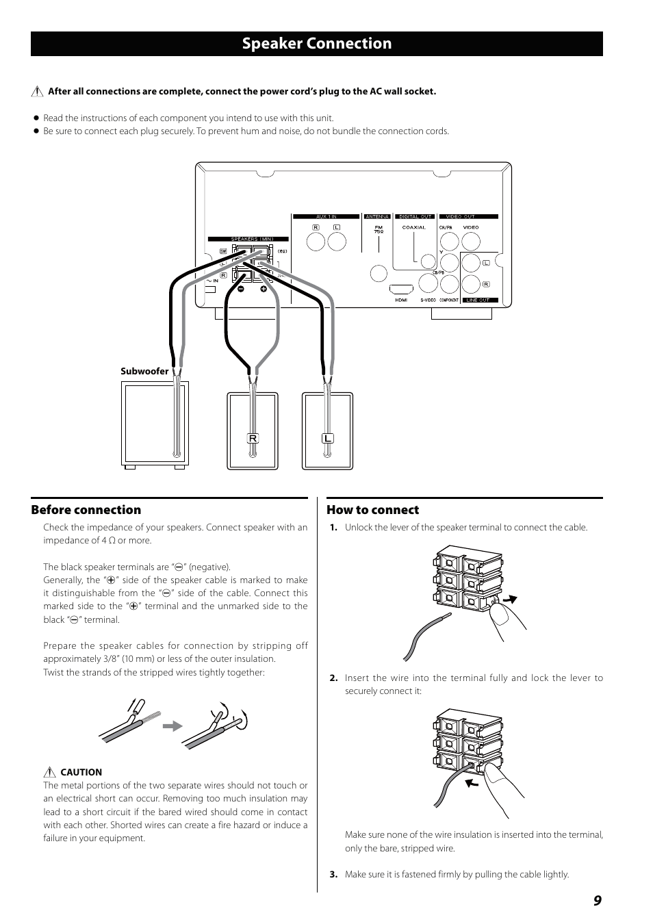 Speaker connection, Before connection, How to connect | Teac MCDV600 User Manual | Page 9 / 48