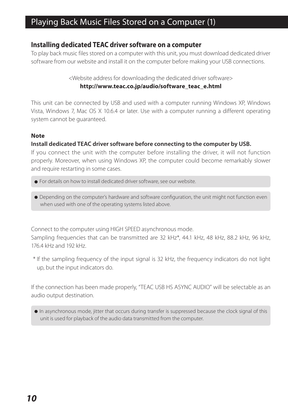 Playing back music files stored on a computer (1) | Teac USB Audio D/A Converter UD-H01 User Manual | Page 10 / 40