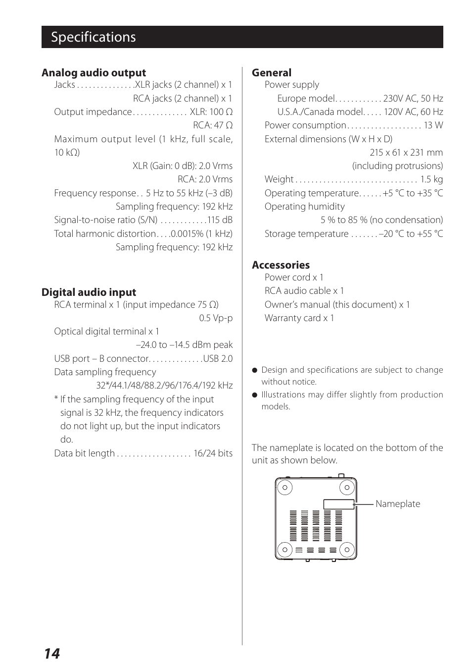 Specifications | Teac USB Audio D/A Converter UD-H01 User Manual | Page 14 / 40