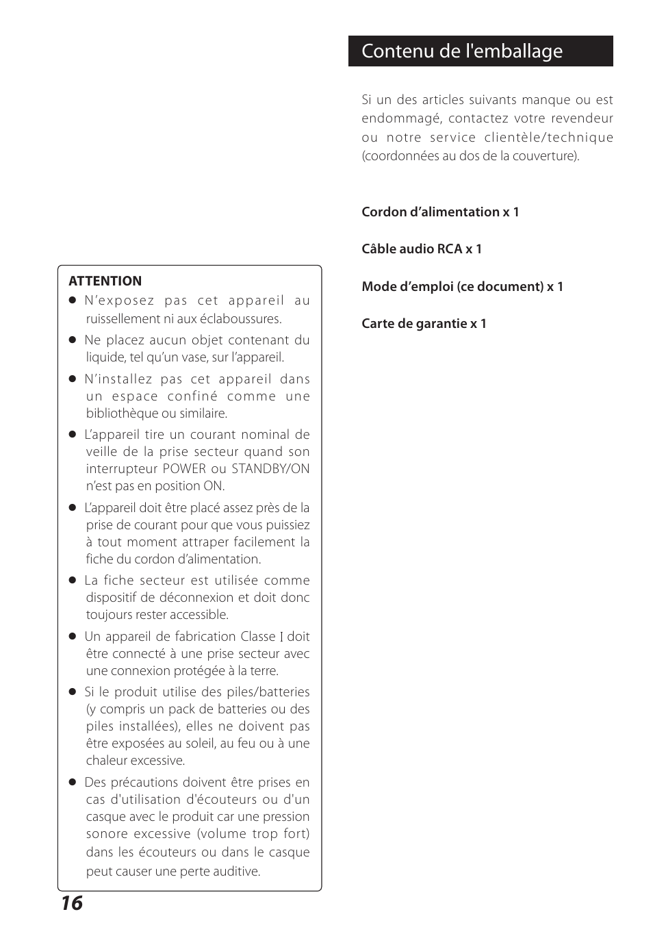 Français, Contenu de l'emballage | Teac USB Audio D/A Converter UD-H01 User Manual | Page 16 / 40