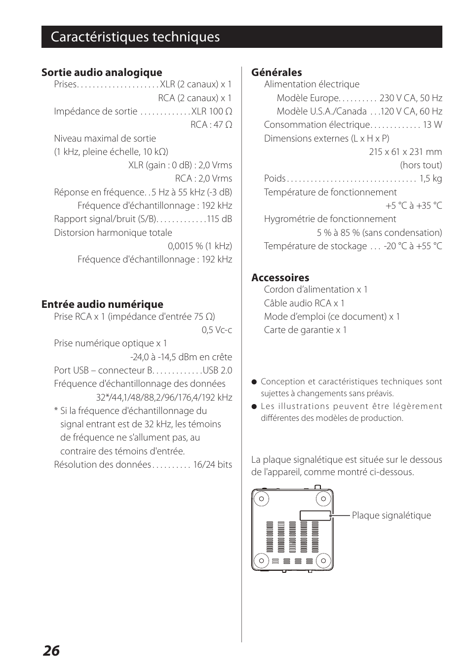 Caractéristiques techniques | Teac USB Audio D/A Converter UD-H01 User Manual | Page 26 / 40