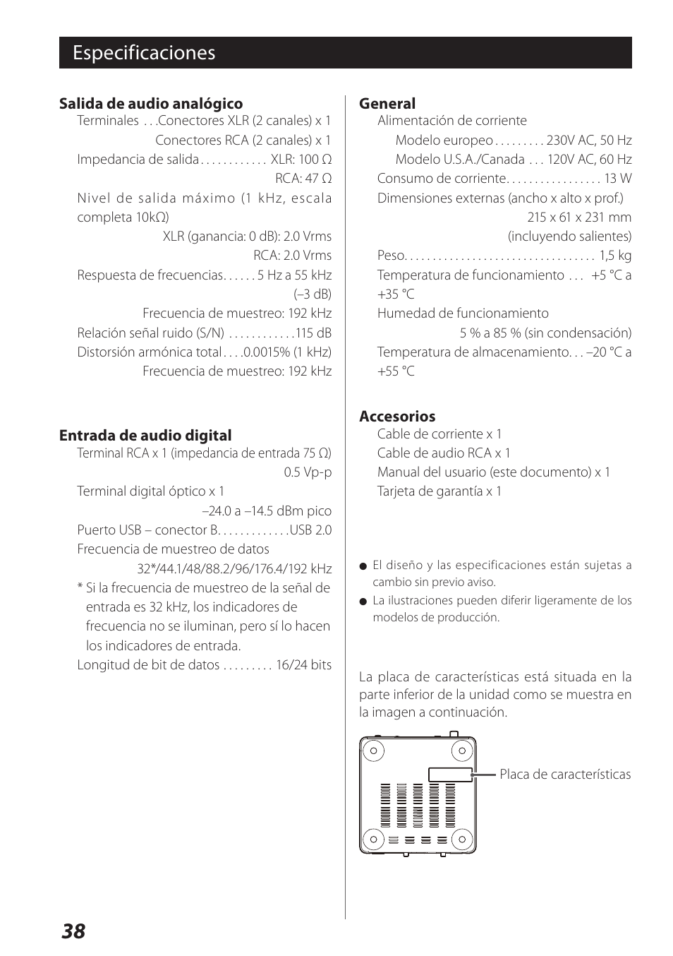 Especificaciones | Teac USB Audio D/A Converter UD-H01 User Manual | Page 38 / 40