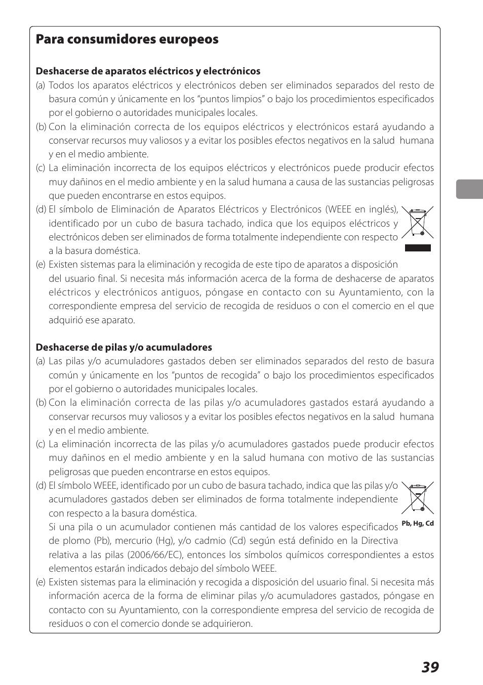 Para consumidores europeos | Teac USB Audio D/A Converter UD-H01 User Manual | Page 39 / 40