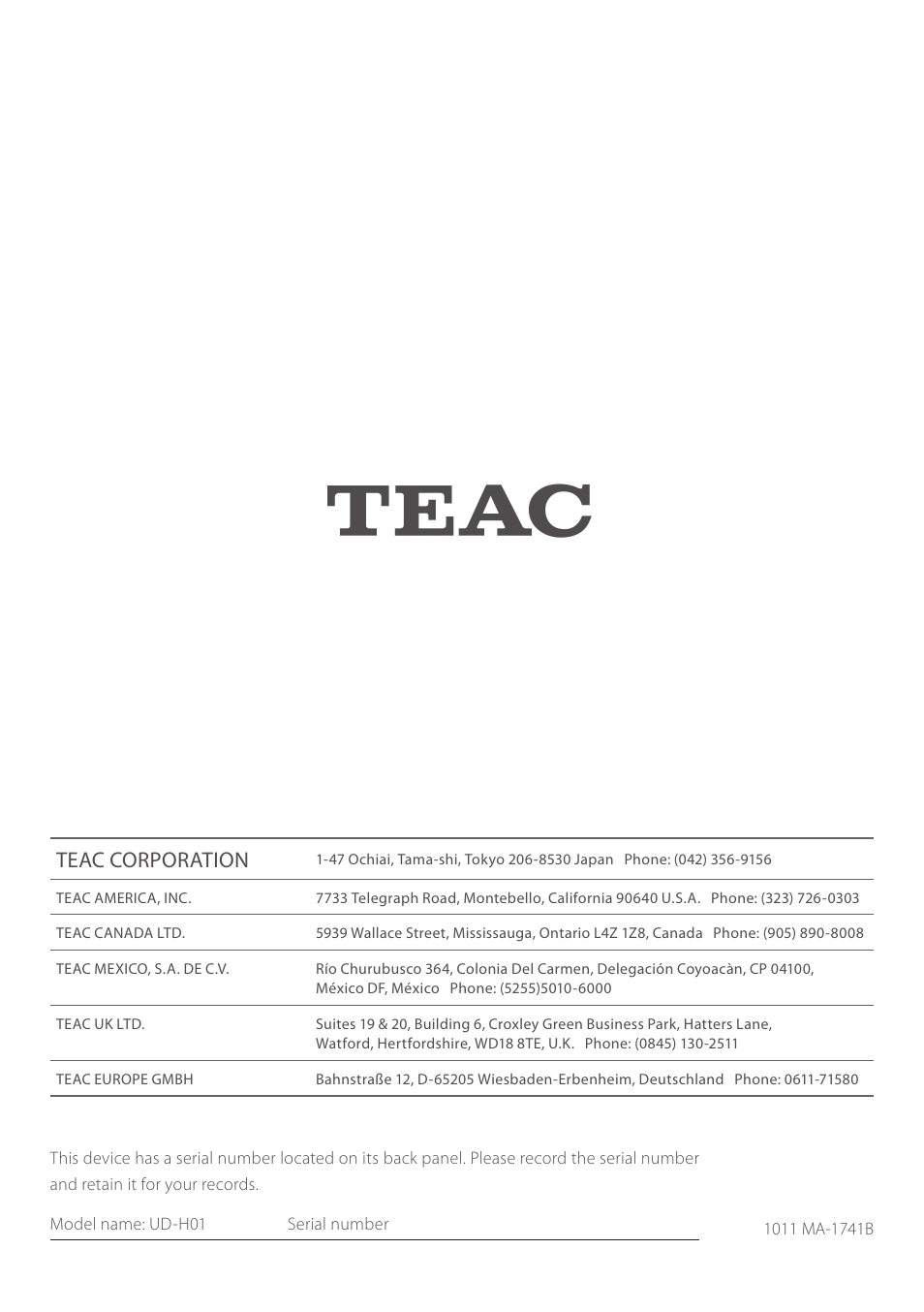 Teac USB Audio D/A Converter UD-H01 User Manual | Page 40 / 40