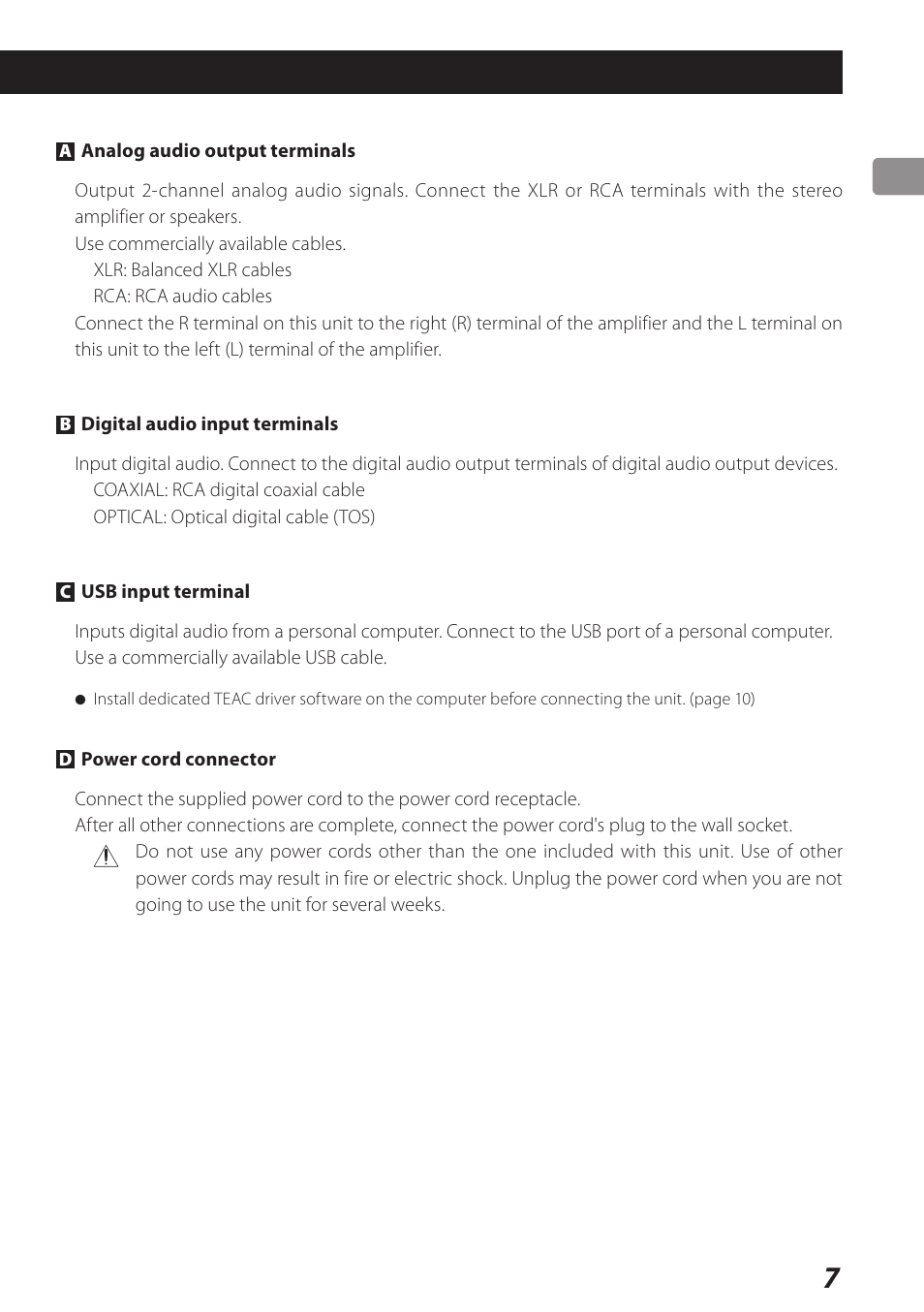 Teac USB Audio D/A Converter UD-H01 User Manual | Page 7 / 40