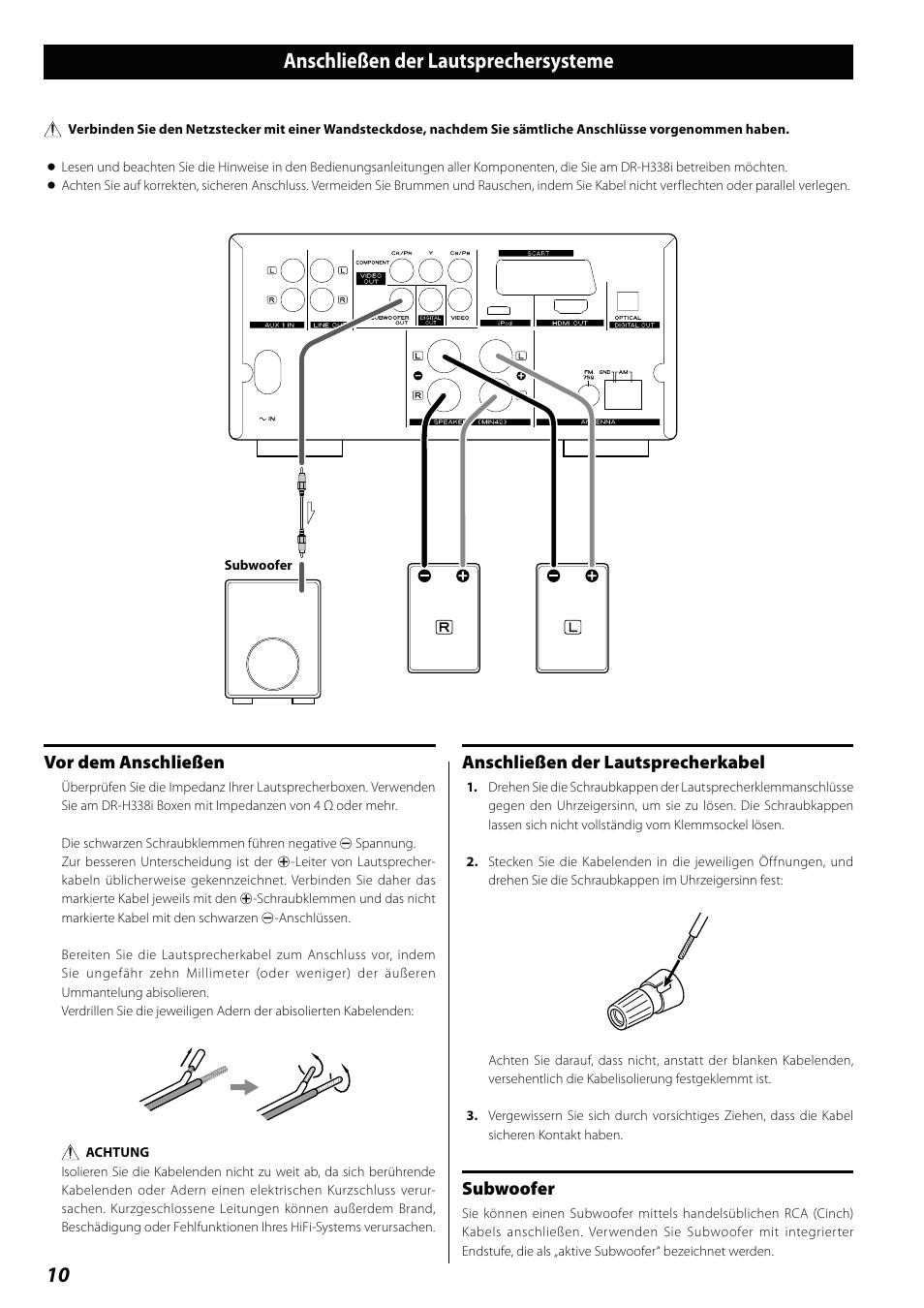 Anschließen der lautsprechersysteme, 10 anschließen der lautsprechersysteme, Vor dem anschließen | Anschließen der lautsprecherkabel, Subwoofer | Teac DVD Receiver DR-H338i User Manual | Page 10 / 148