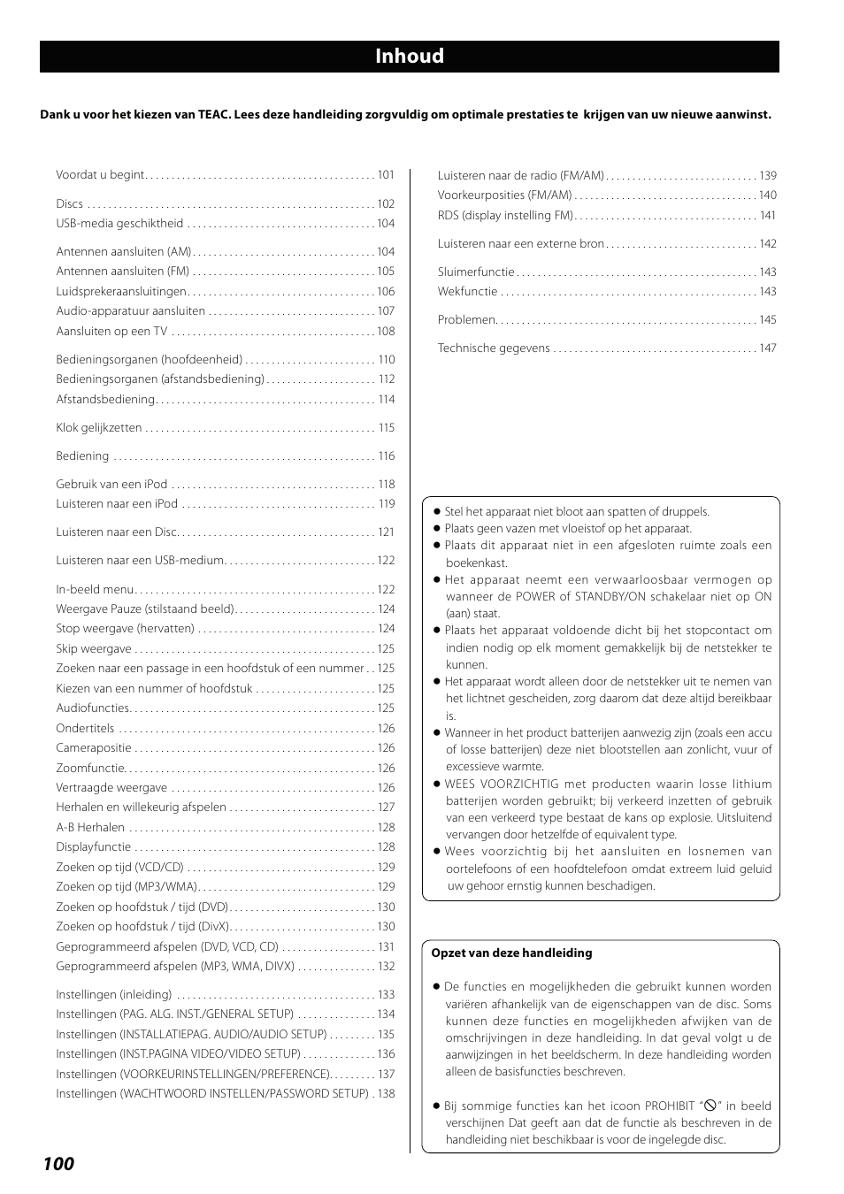 Gebruiksaanwijzing, Inhoud | Teac DVD Receiver DR-H338i User Manual | Page 100 / 148