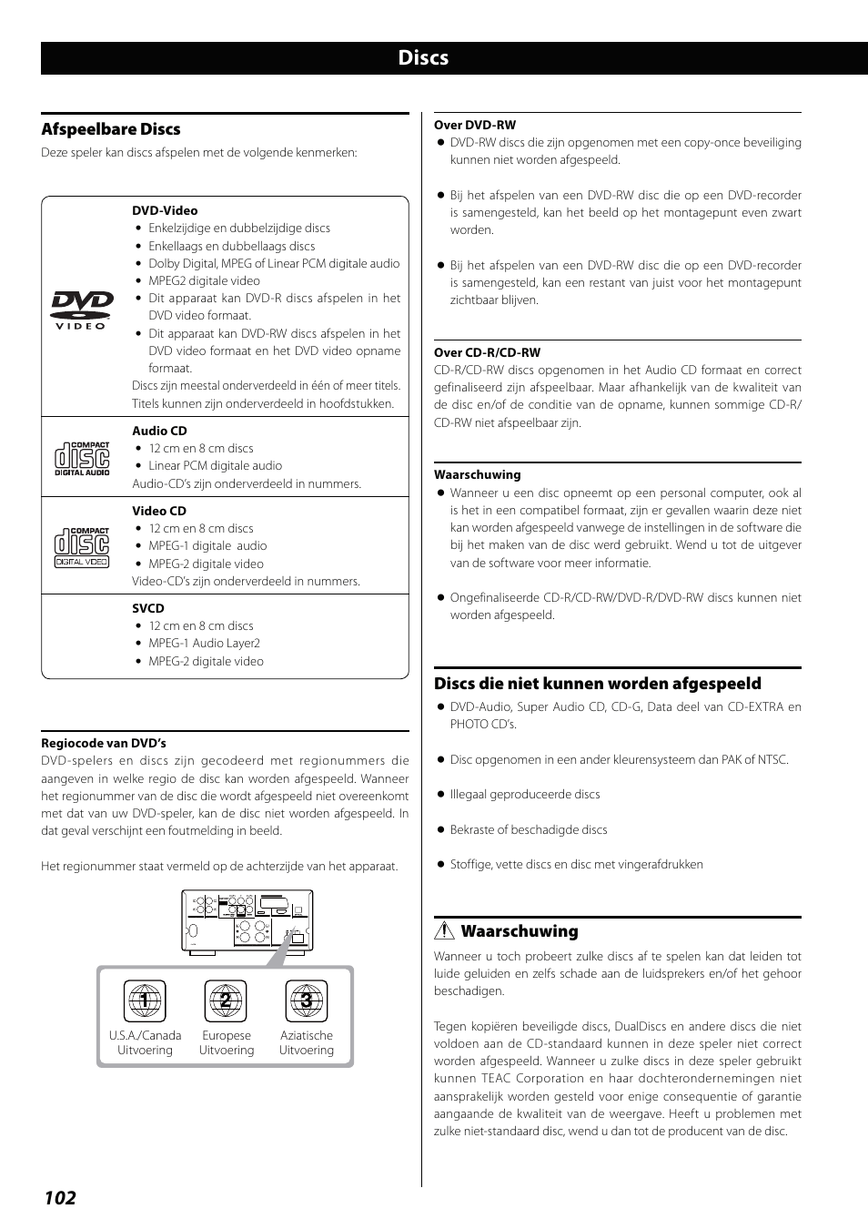 Discs, Afspeelbare discs, Discs die niet kunnen worden afgespeeld | Waarschuwing | Teac DVD Receiver DR-H338i User Manual | Page 102 / 148