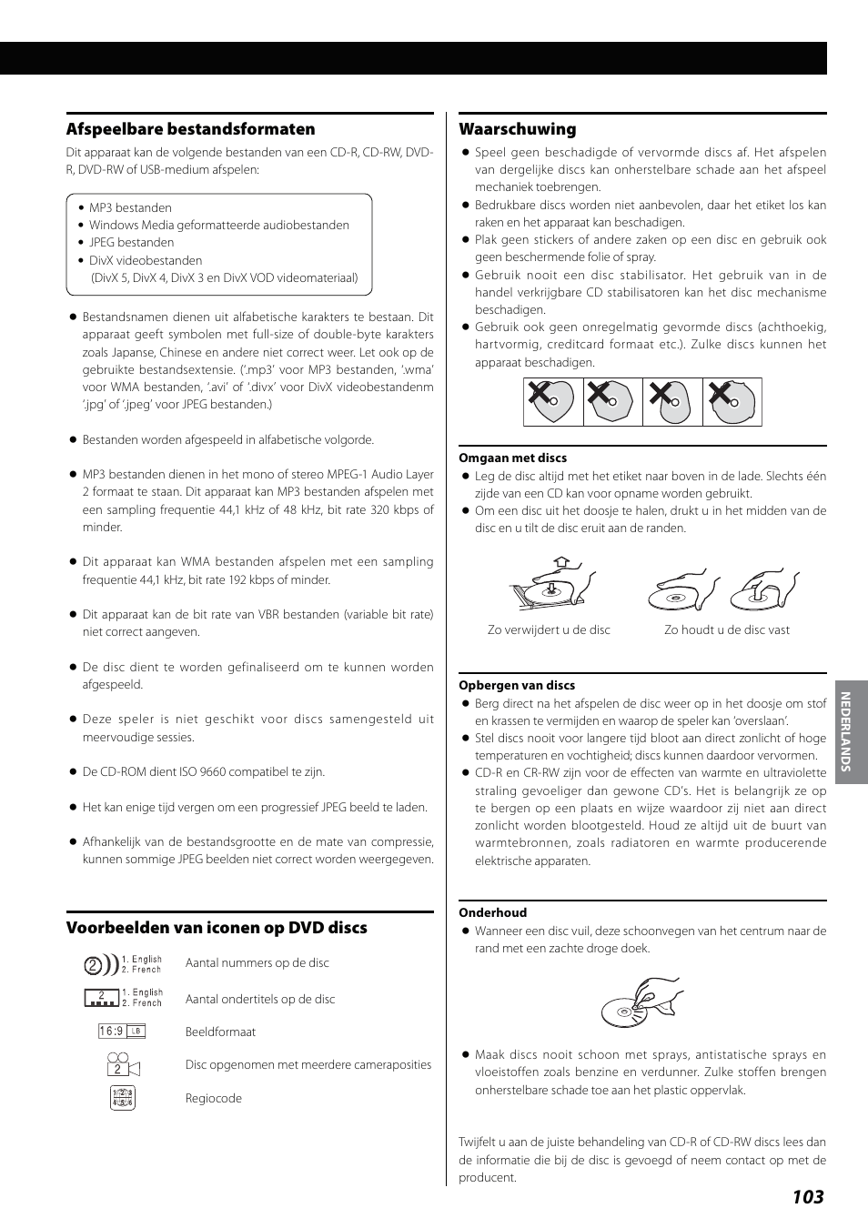 Afspeelbare bestandsformaten, Voorbeelden van iconen op dvd discs, Waarschuwing | Teac DVD Receiver DR-H338i User Manual | Page 103 / 148