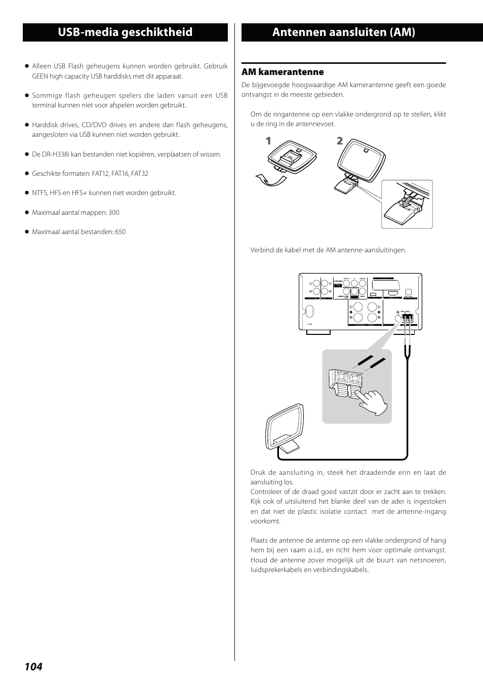 Usb-media geschiktheid, Antennen aansluiten (am) | Teac DVD Receiver DR-H338i User Manual | Page 104 / 148