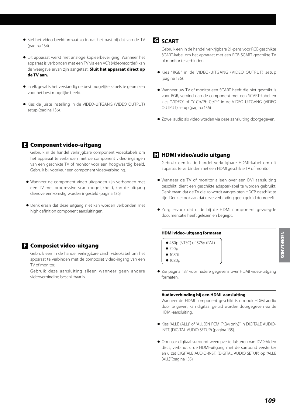 Gscart, Hhdmi video/audio uitgang, Ecomponent video-uitgang | Fcomposiet video-uitgang | Teac DVD Receiver DR-H338i User Manual | Page 109 / 148