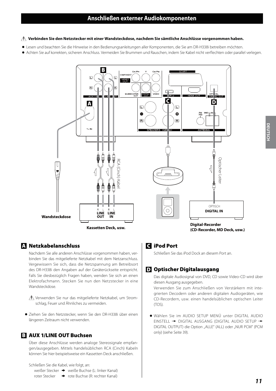 Anschließen externer audiokomponenten, Anetzkabelanschluss, Baux 1/line out buchsen | Cd b a, Cipod port, Doptischer digitalausgang | Teac DVD Receiver DR-H338i User Manual | Page 11 / 148