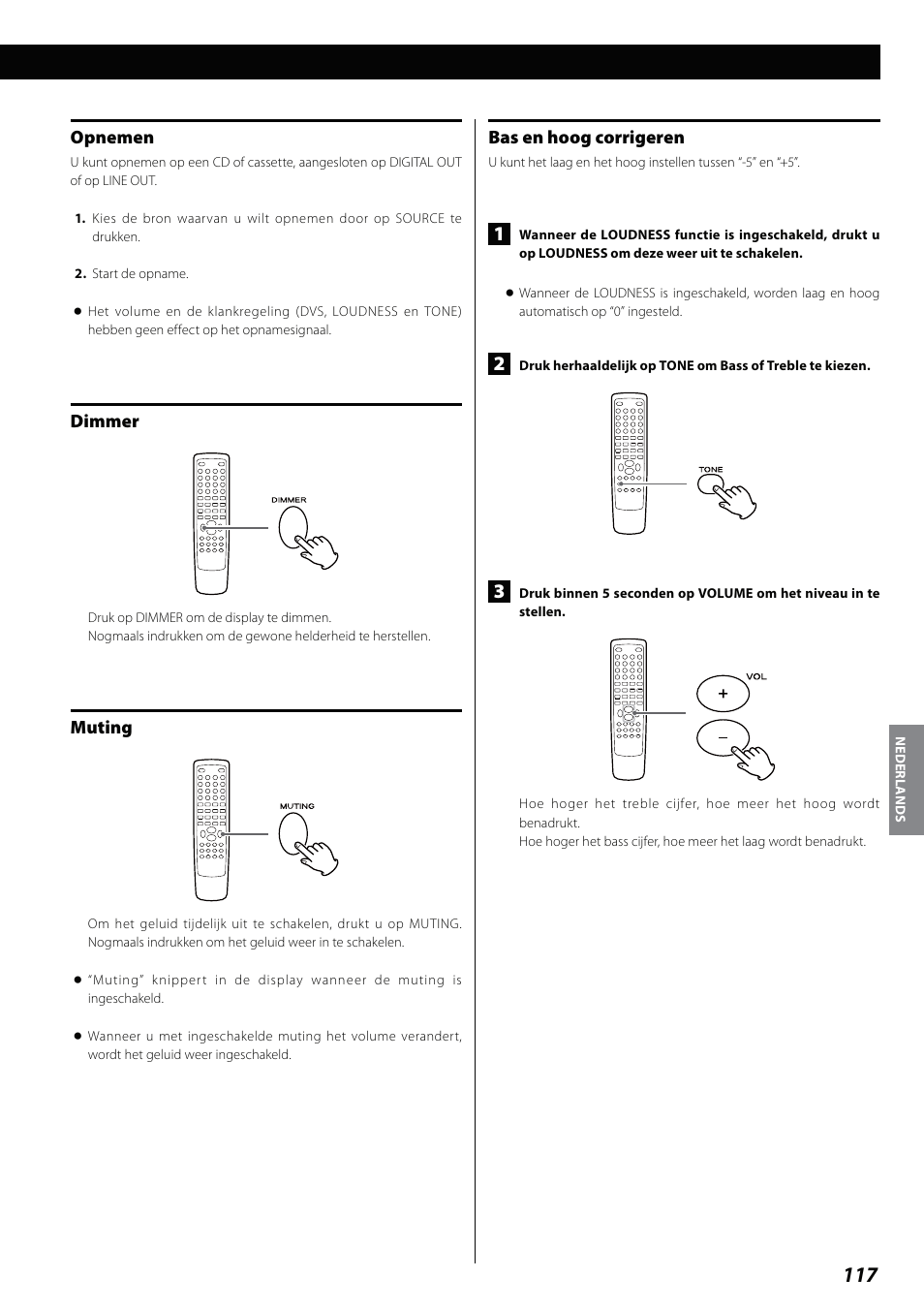 Opnemen, Dimmer, Muting | Bas en hoog corrigeren | Teac DVD Receiver DR-H338i User Manual | Page 117 / 148