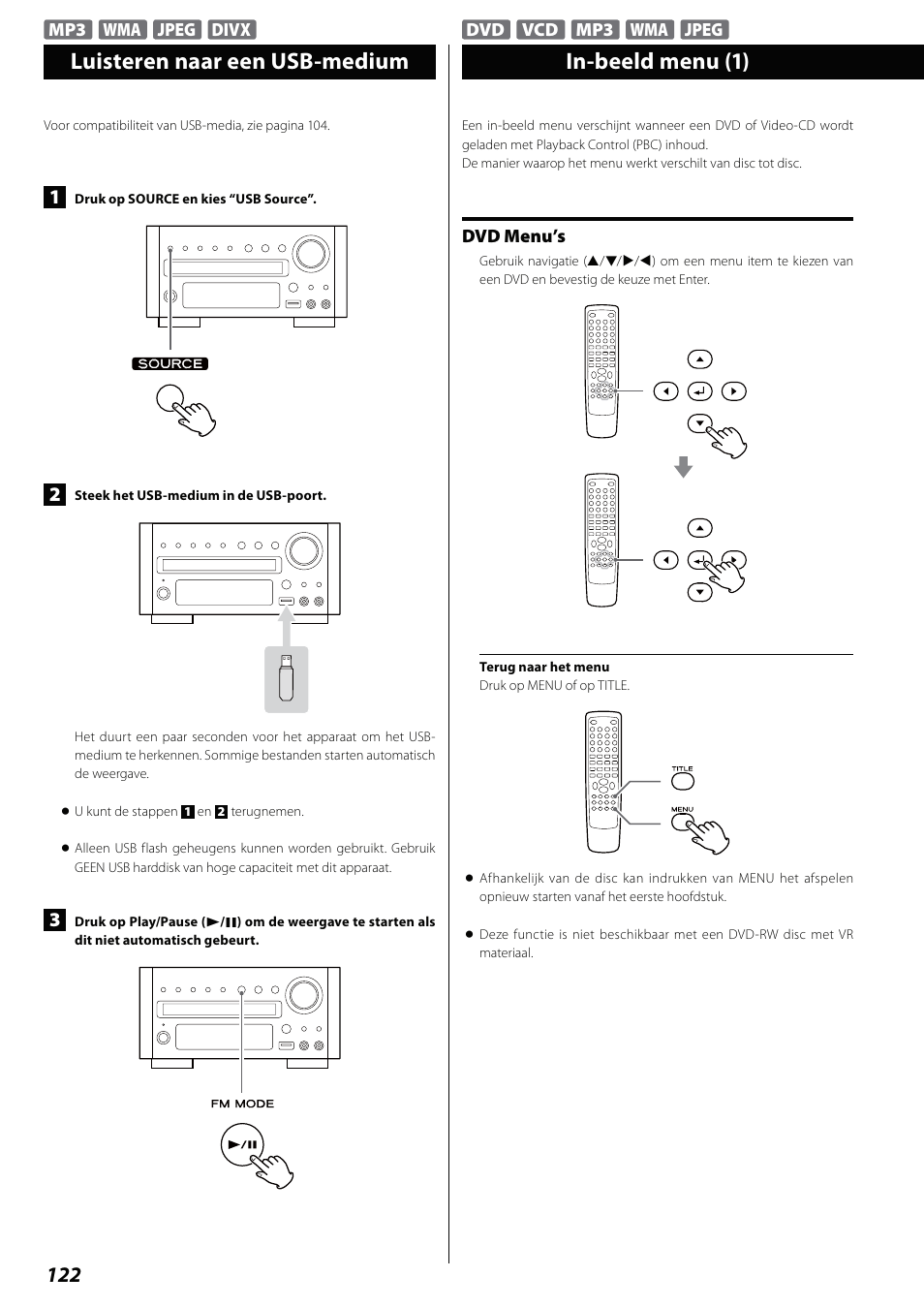 Luisteren naar een usb-medium, In-beeld menu, Luisteren naar een usb-medium in-beeld menu (1) | Teac DVD Receiver DR-H338i User Manual | Page 122 / 148