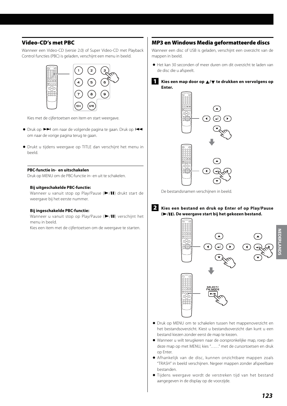 Mp3 en windows media geformatteerde discs, Video-cd’s met pbc | Teac DVD Receiver DR-H338i User Manual | Page 123 / 148