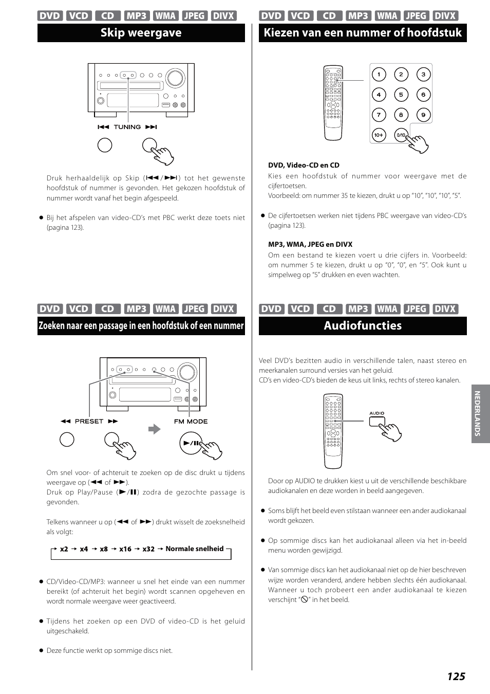 Skip weergave, Kiezen van een nummer of hoofdstuk, Audiofuncties | Teac DVD Receiver DR-H338i User Manual | Page 125 / 148