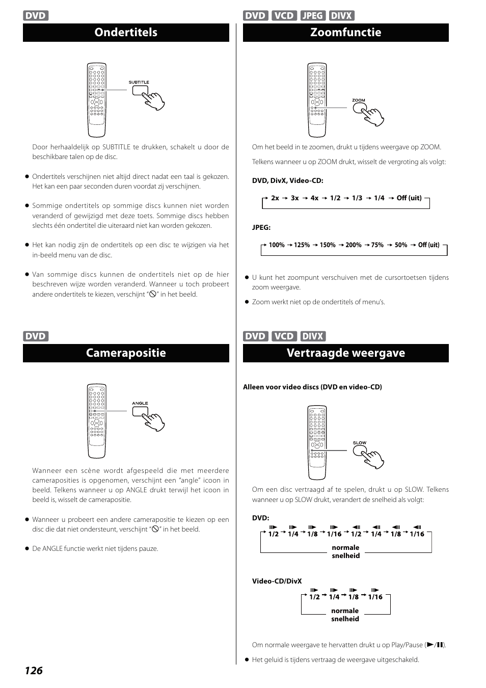 Ondertitels, Camerapositie, Zoomfunctie | Vertraagde weergave | Teac DVD Receiver DR-H338i User Manual | Page 126 / 148