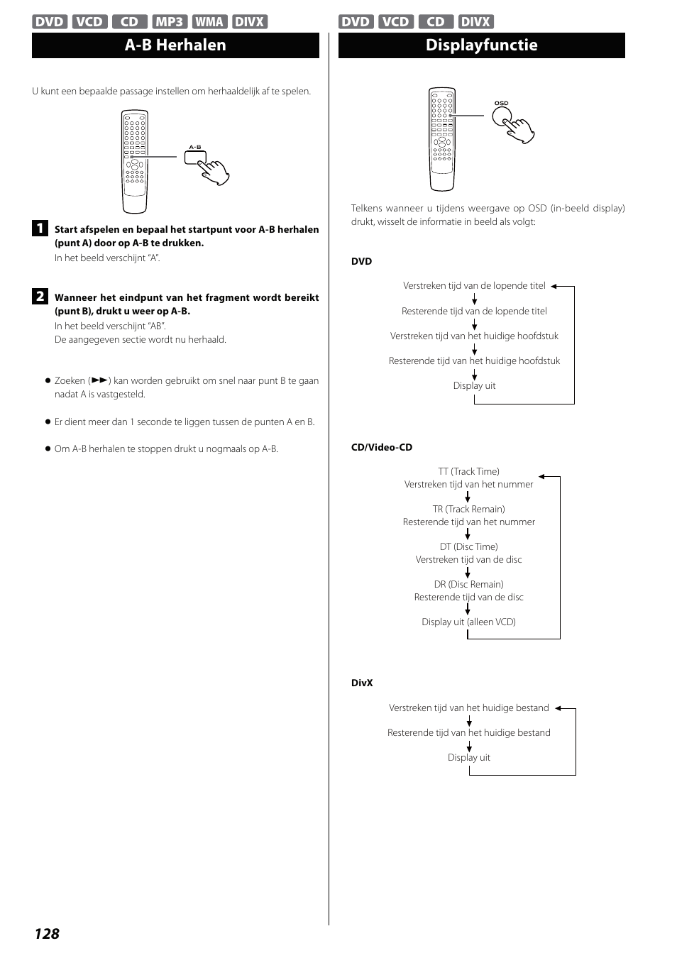 A-b herhalen, Displayfunctie | Teac DVD Receiver DR-H338i User Manual | Page 128 / 148