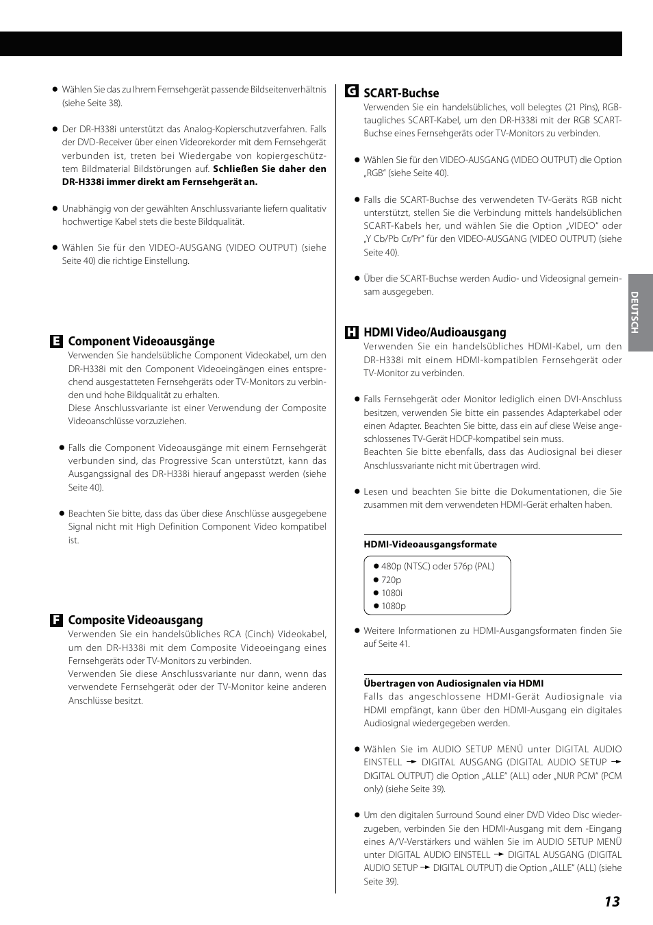 Gscart-buchse, Hhdmi video/audioausgang, Ecomponent videoausgänge | Fcomposite videoausgang | Teac DVD Receiver DR-H338i User Manual | Page 13 / 148