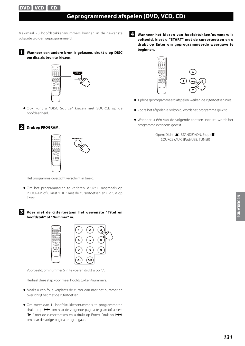 Geprogrammeerd afspelen (dvd, vcd, cd) | Teac DVD Receiver DR-H338i User Manual | Page 131 / 148