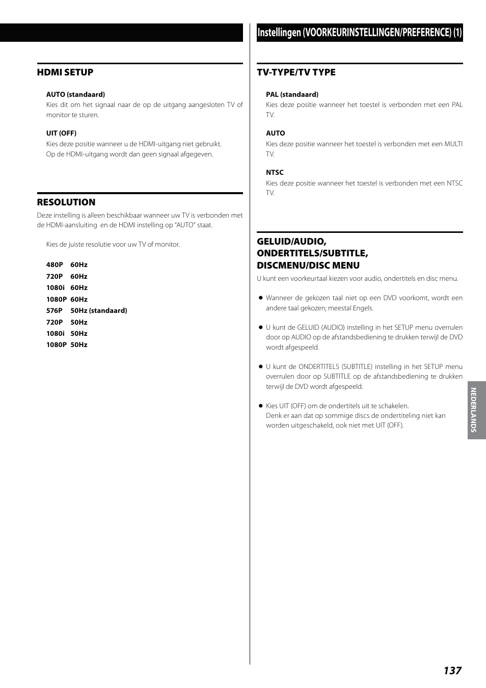 Instellingen (voorkeurinstellingen/preference), Instellingen (voorkeurinstellingen/preference) (1), Hdmi setup | Resolution, Tv-type/tv type | Teac DVD Receiver DR-H338i User Manual | Page 137 / 148