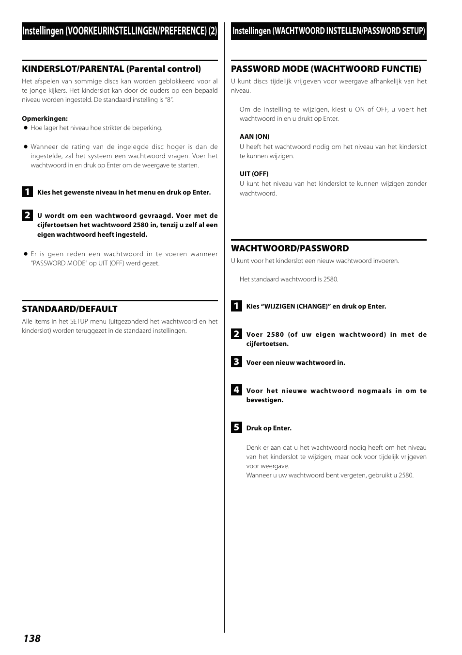 Instellingen (wachtwoord instellen/password setup), Instellingen (voorkeurinstellingen/preference) (2) | Teac DVD Receiver DR-H338i User Manual | Page 138 / 148